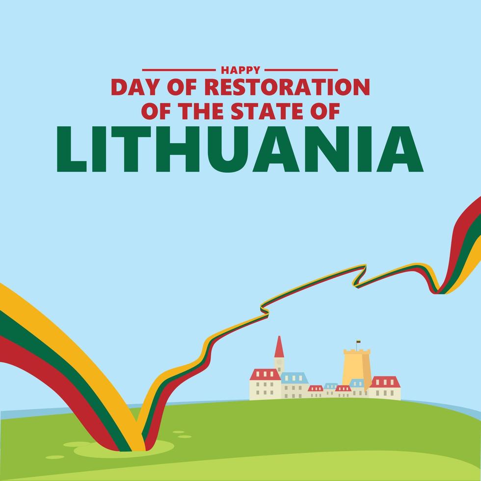 Lithuania independence day vector illustration with village and city scenery and a long flag. European and Baltic country public holiday greeting card. Suitable for social media post.