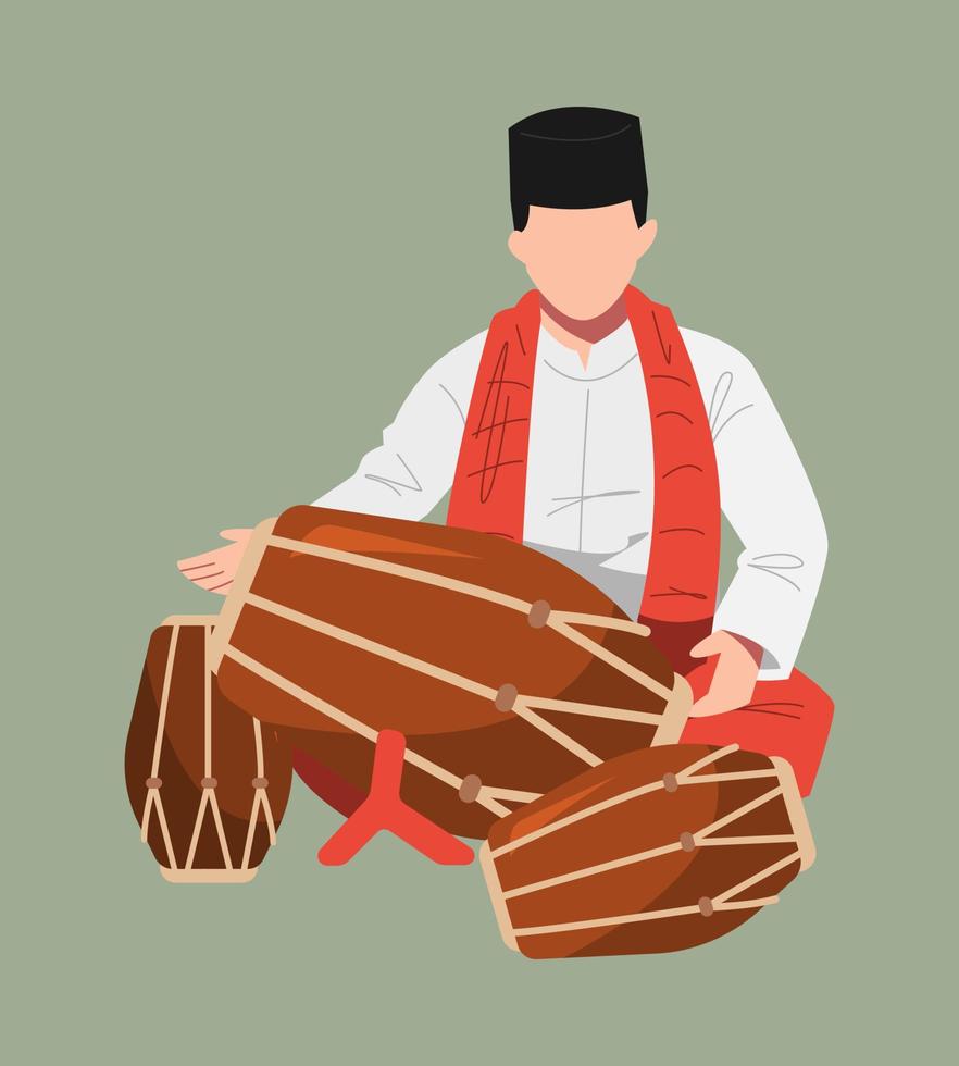 tambor jugador, tradicional ropa de betawi Indonesia. tradicional musical instrumentos adecuado para música eventos, celebraciones, ramadán, etc. plano vector. vector