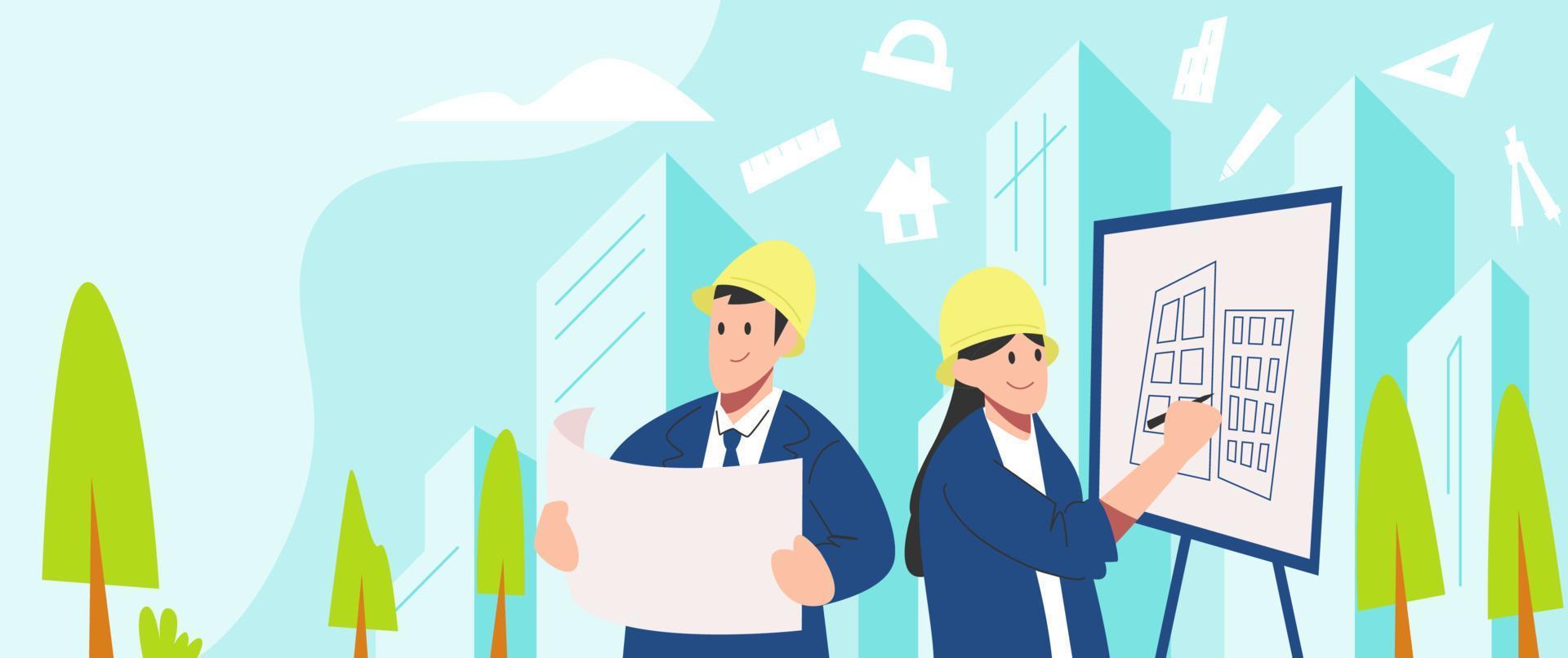 architects, male and female engineers. see blueprints, draw sketches. icon ruler, compass, pencil, house. building background, buildings, trees, outdoor. flat vector graphic design.