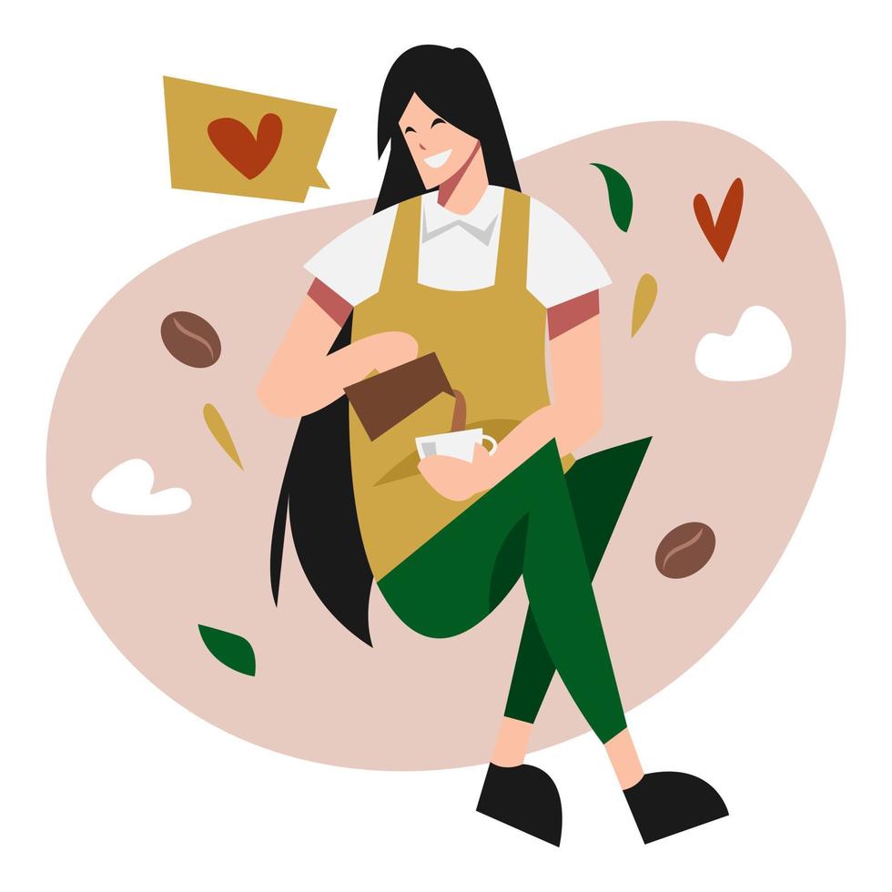 happy beautiful female barista. make coffee. fly, soar in the air. concept of drink, relax, feel free, profession. with coffee, love, leaf, cloud icons. flat vector illustration.