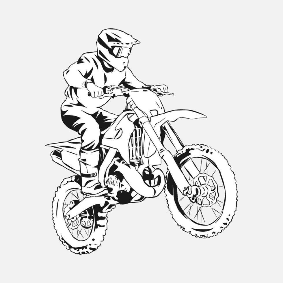 Motocross racer, rider. Hand drawn illustration, black and white, silhouette. Extreme Sport, Vehicle, Motorcycle Community. Perfect for shirts, stickers, print, etc. vector
