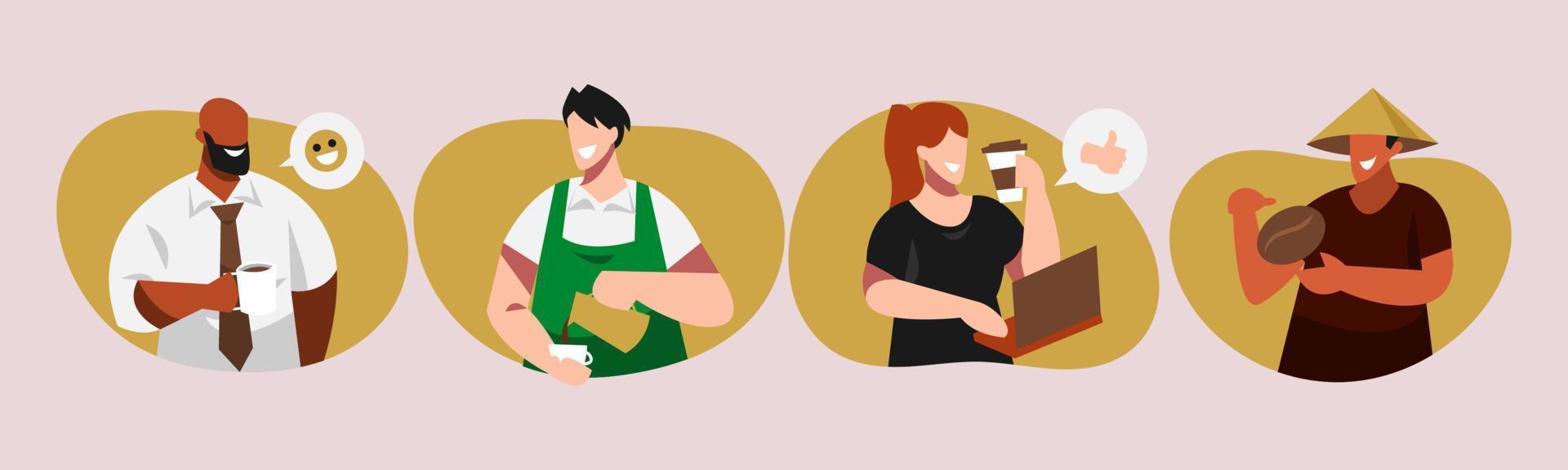 set of various people enjoying coffee businessman, barista, freelancer, farmer, diversity, ethic. enjoying coffee, making coffee, harvesting. flat vector graphic design.