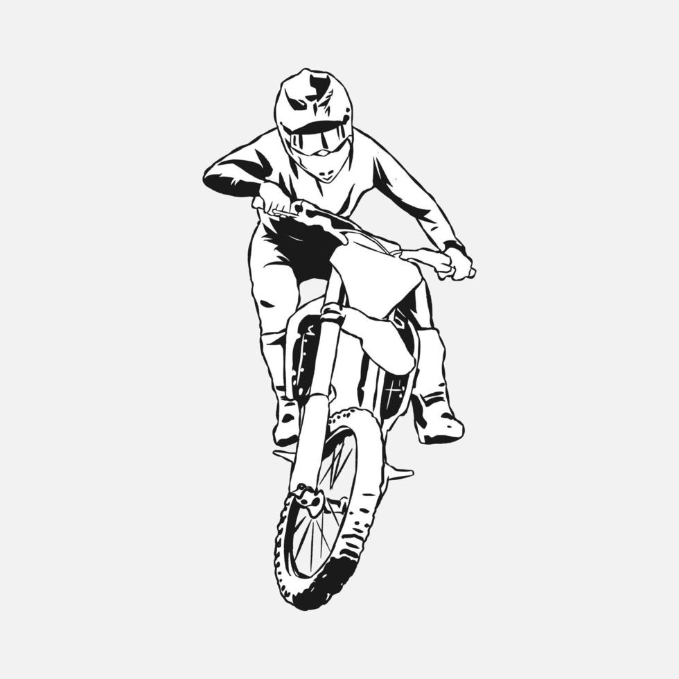 Motocross racer, rider. Hand drawn illustration, black and white, silhouette. Dirt Bike, Extreme Sport, Vehicle, Motorcycle Community. Perfect for shirts, stickers, print, etc. vector