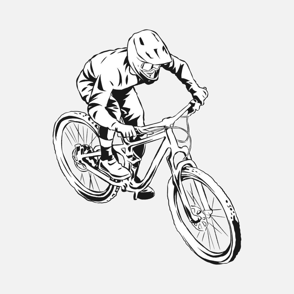 bmx bicicleta jinete, cuesta abajo, ciclista. mano dibujado vector ilustración, negro y blanco, silueta. concepto de extremo Deportes, vehículos, actividades, etc. adecuado para imprimir, pegatina, t -camisa diseño