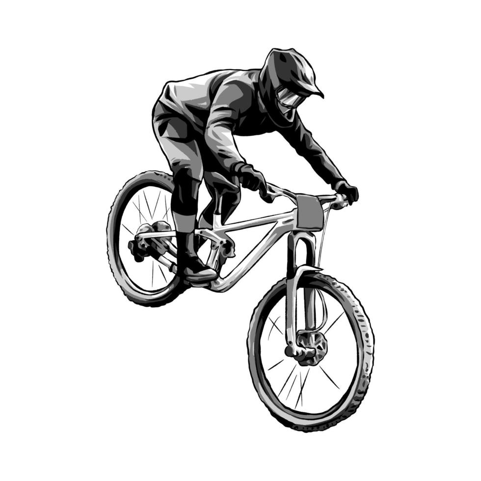 Extreme sports rider, BMX biker, Downhill, race, cyclist. monochrome. Perfect for the bicycle community for T -shirt, Sticker, Print, etc. Hand drawn Vector Illustration.