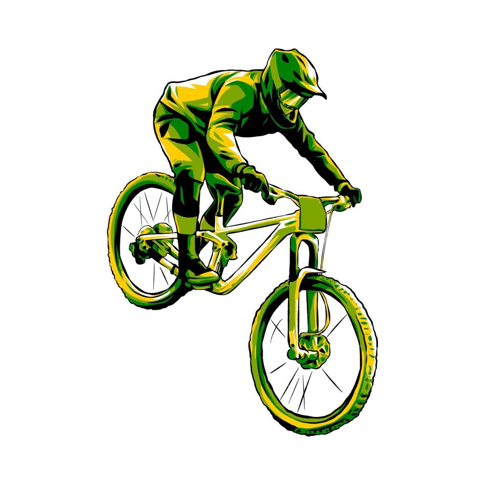 bmx bicicleta corredor, cuesta abajo, ciclista. monocromo color. extremo deporte concepto, vehículo. adecuado para camiseta diseño, imprimir, pegatina, etc. mano dibujado ilustración. vector