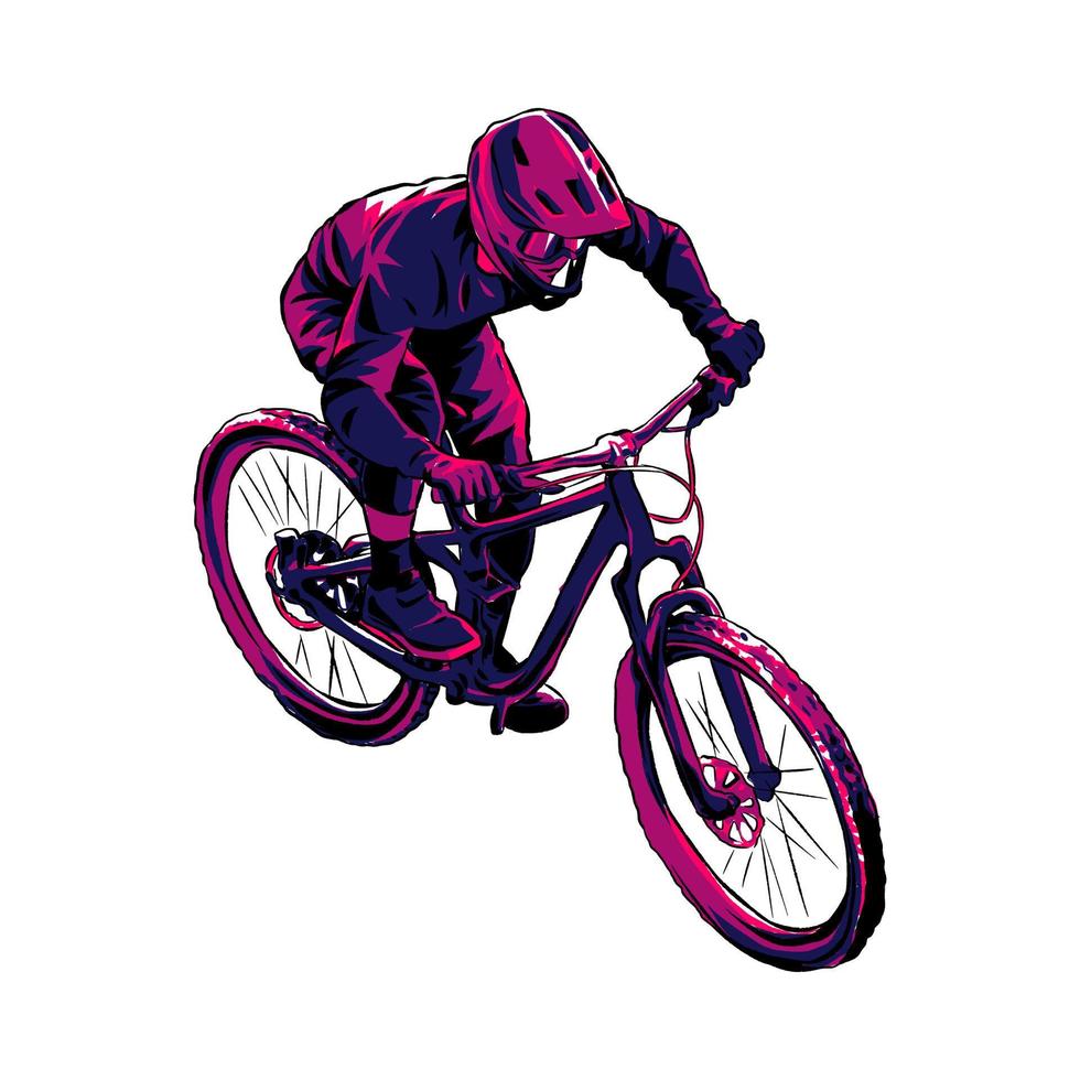 bmx bicicleta corredor, cuesta abajo, ciclista. monocromo color. extremo deporte concepto, vehículo. adecuado para camiseta diseño, imprimir, pegatina, etc. mano dibujado ilustración. vector