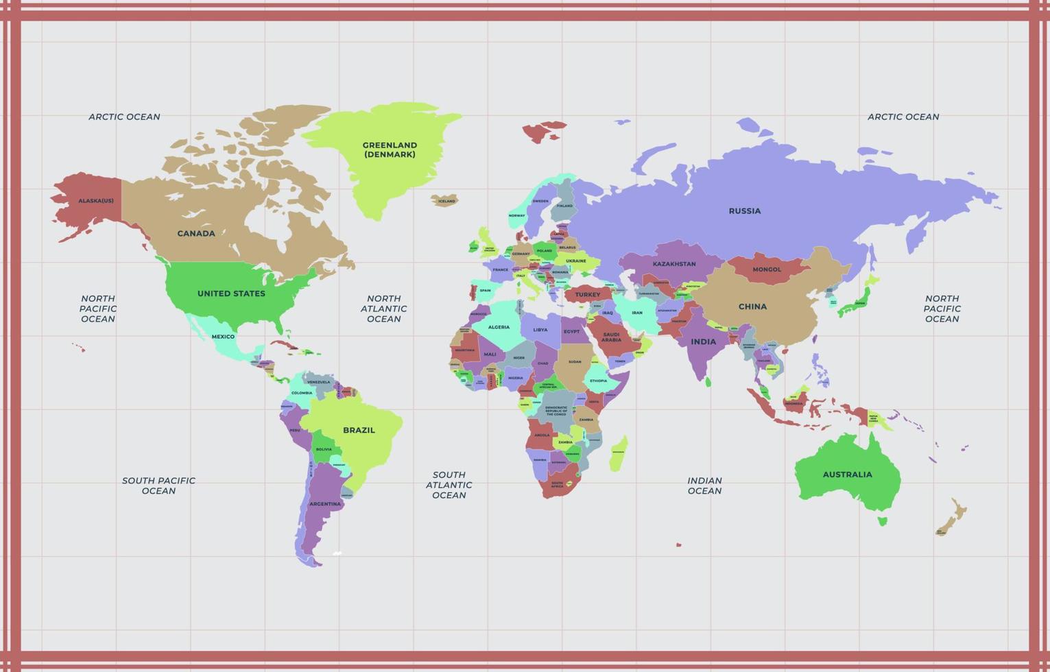 mapamundi con nombre de pais vector