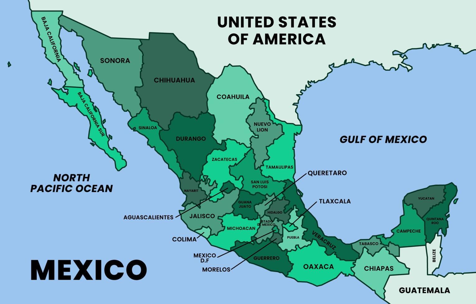 mapa de mexico y rodeando fronteras vector