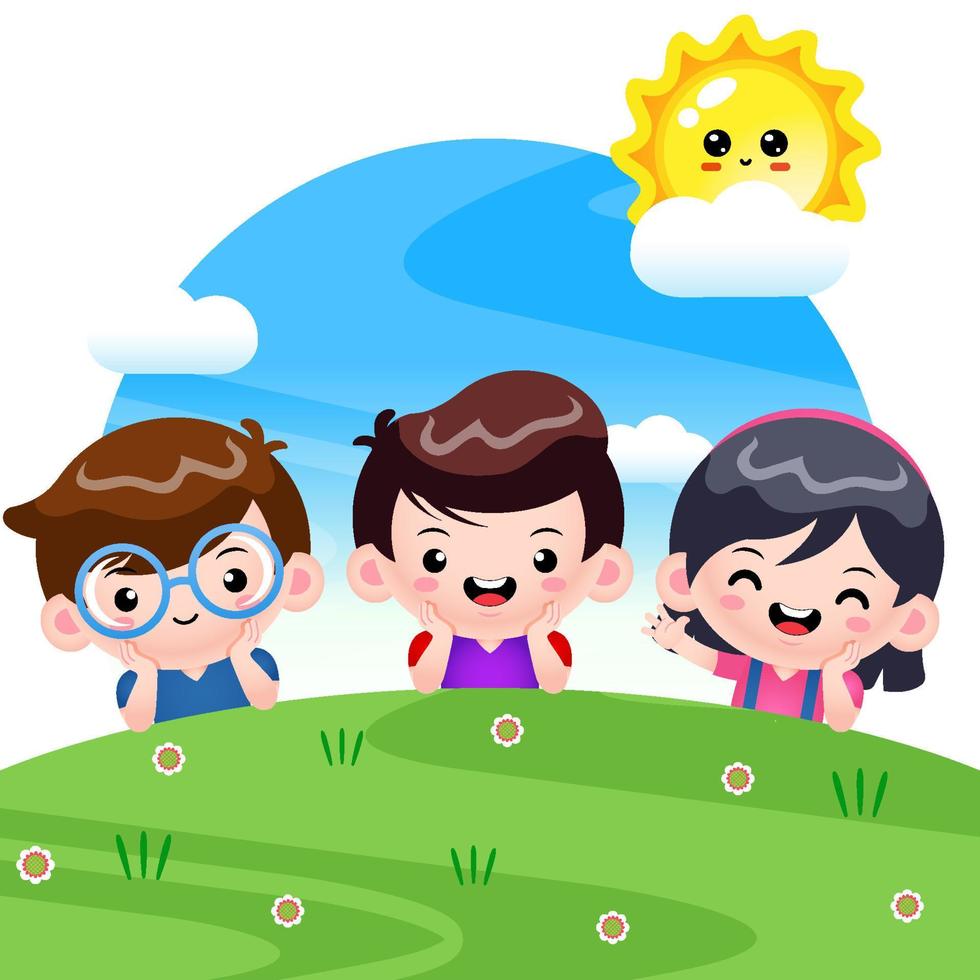 Group Of Happy Children Lying On Green Grass Vector