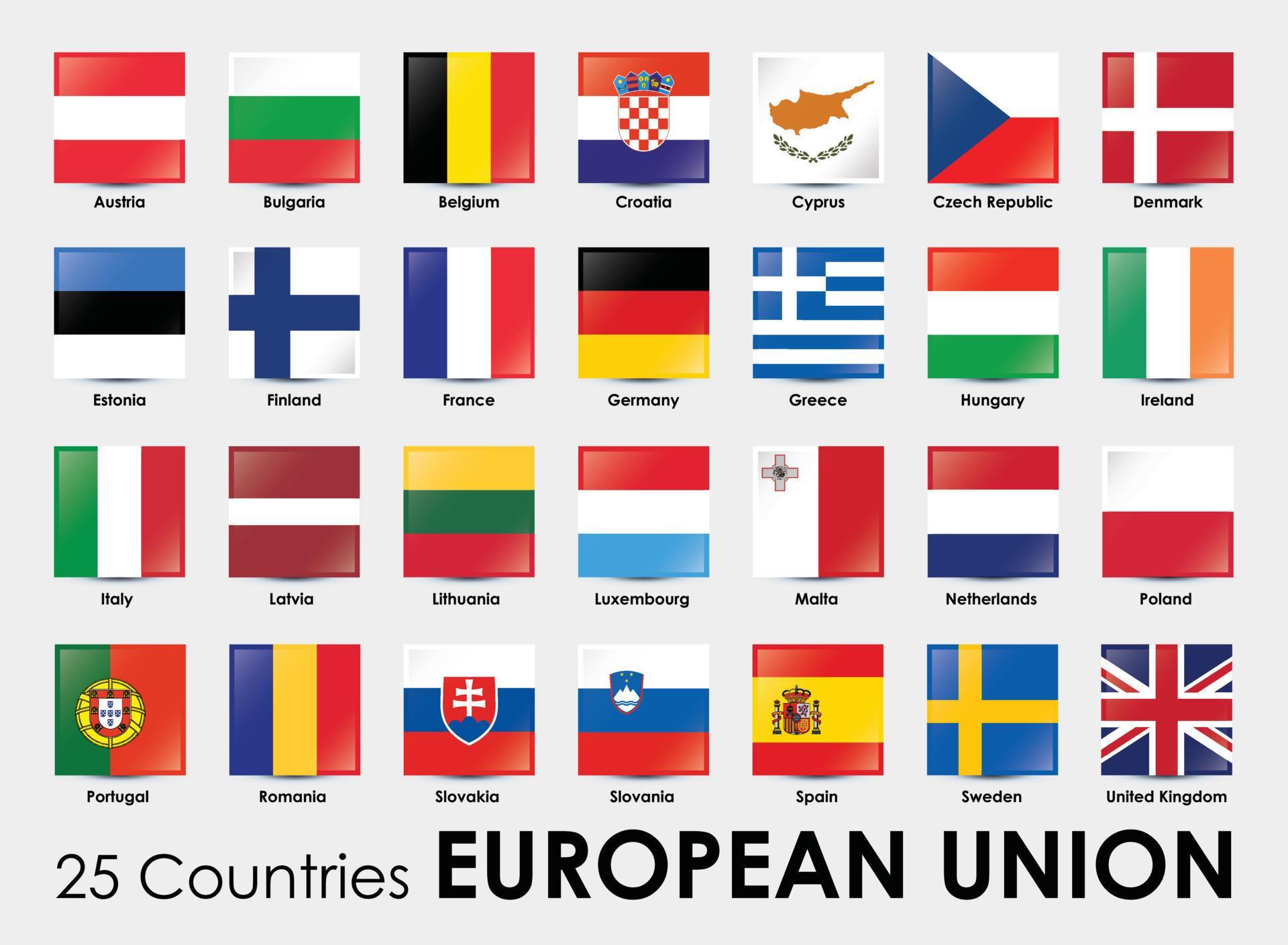 Vector illustration of square shape flags of the 25 countries European