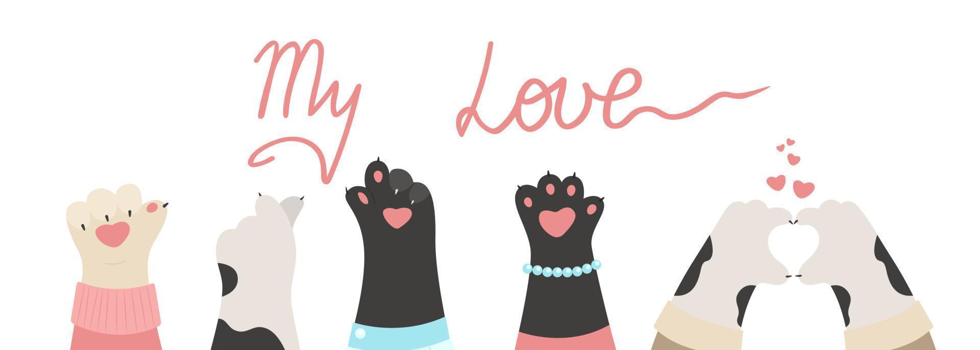 Horizontal banner with cat paws, heart finger gestures, vector flat illustration. Funny paws of animals