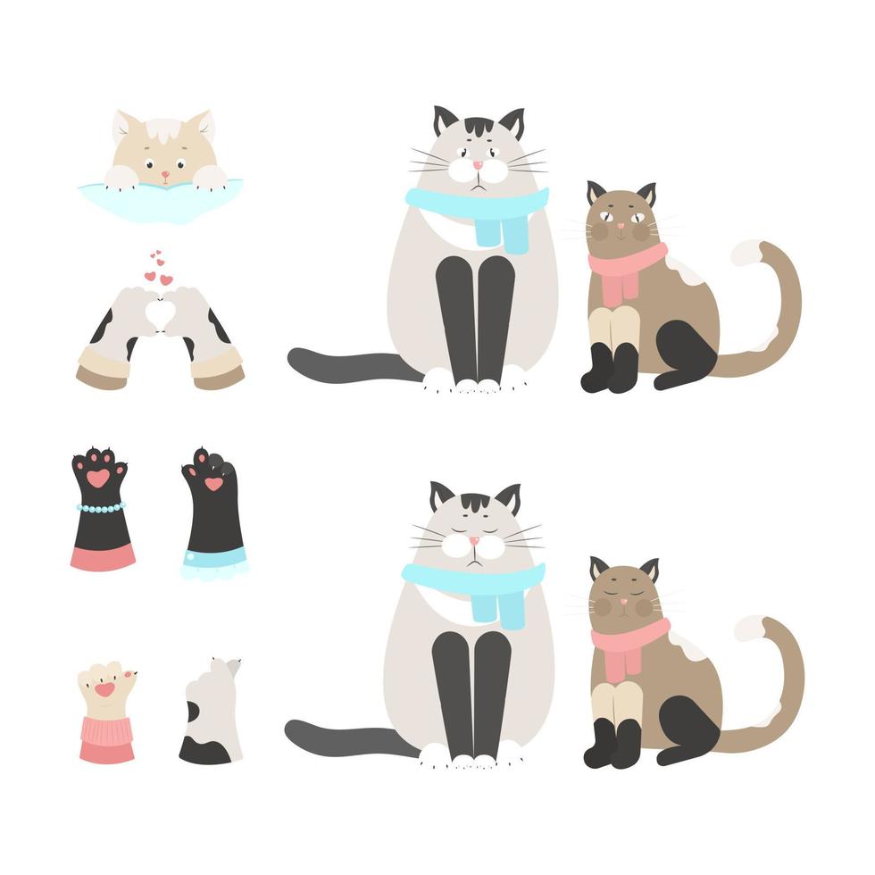 Set of cats, family mom dad child cat, cute paw gestures pets. Vector animal isolate