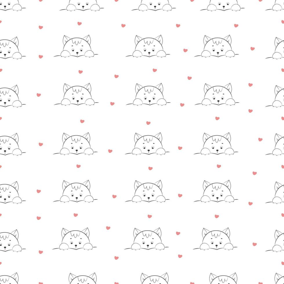 Cute kitten in line art style seamless pattern, Kitten face and front paws vector