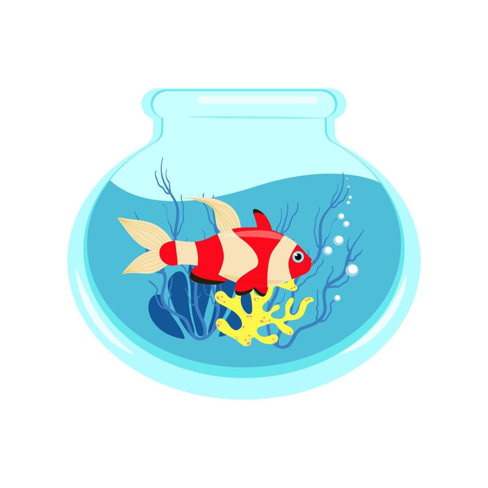 Bright koi fish in an aquarium with corals and algae, Vector illustration of an aquarium in a flat style. Print for clothes