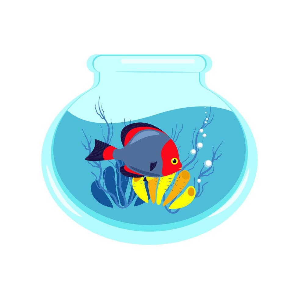 Brightly colorful fish in an aquarium with corals and algae, vector illustration of an aquarium in a flat style. Print for clothes