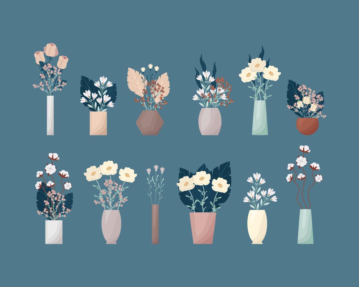 A large set of flowers in boho style vases. Composition of flowers vector illustration. Bouquets of tricots, cotton, various decorative leaves and twigs