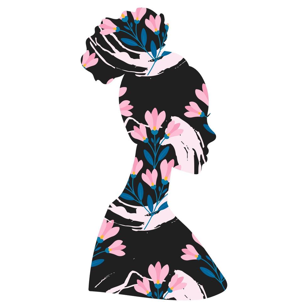 African American woman silhouette floral print. Vector illustration of an abstract woman.
