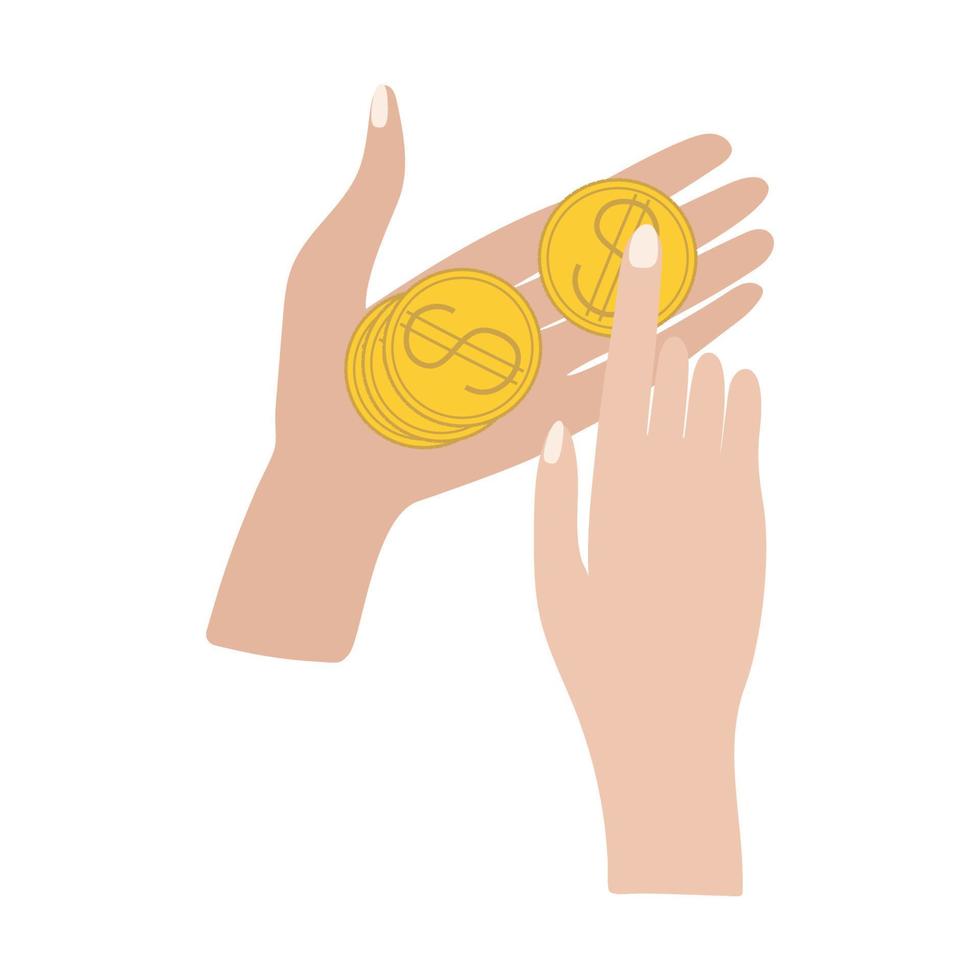 A hand passing a golden dollar coin into the hand. Hands counting cents. Finance. vector
