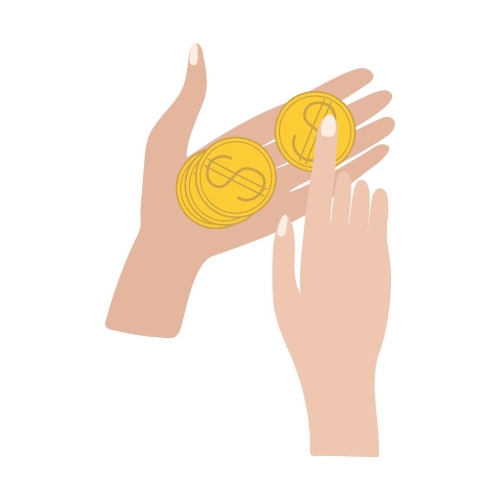 una mano que pasa una moneda de un dólar dorado a la mano. manos contando centavos. finanzas. vector