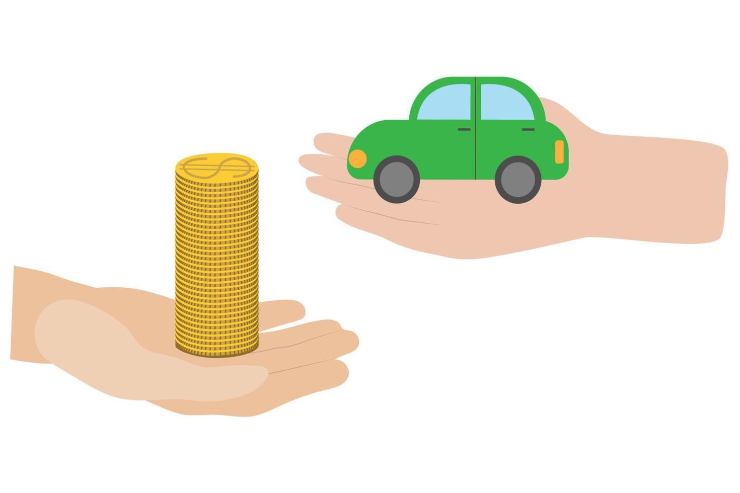 A hand with a stack of golden dollar coins next to the second hand with a car. Buying a car. financial spending vector