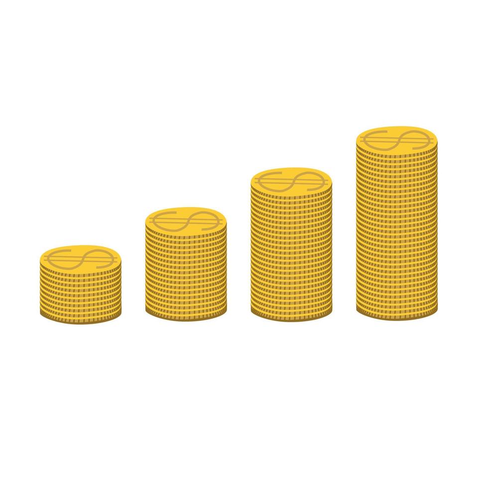 Four golden dollar coins stack ascending up. Money, economy, finance, investment symbol. Currency growth diagram concept. vector