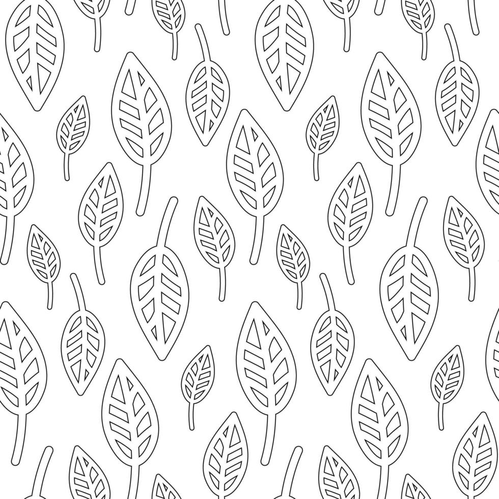 Seamless botanical pattern with silhouette hand drawn green leaves on white. Abstract floral texture. Wrapping paper. Coloring vector