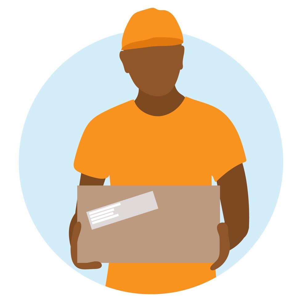 Delivery black man in orange uniform holding a package box. Flat style. Delivery service vector