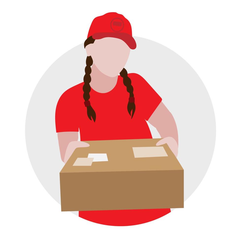 Delivery woman in a red uniform holds a packed box. Flat style. Online order delivery service vector