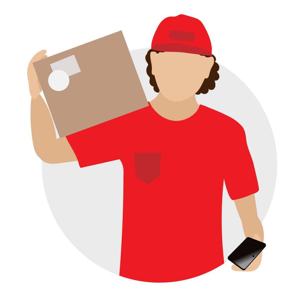 A curly delivery man in a red uniform holds a packed box and a smartphone. Flat style. Online order delivery service vector