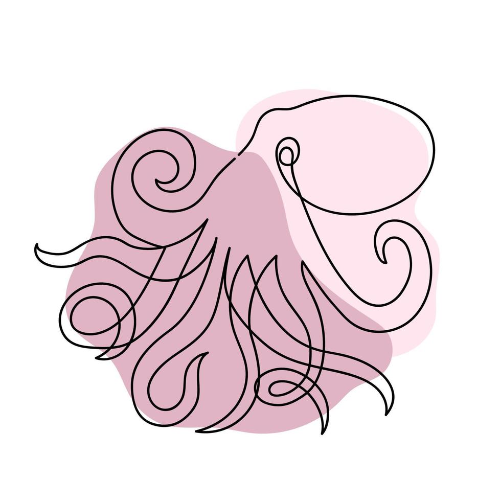 Octopus drawn in one line on white with pink spots of paint. Underwater animal. Design for logo, tattoo. vector