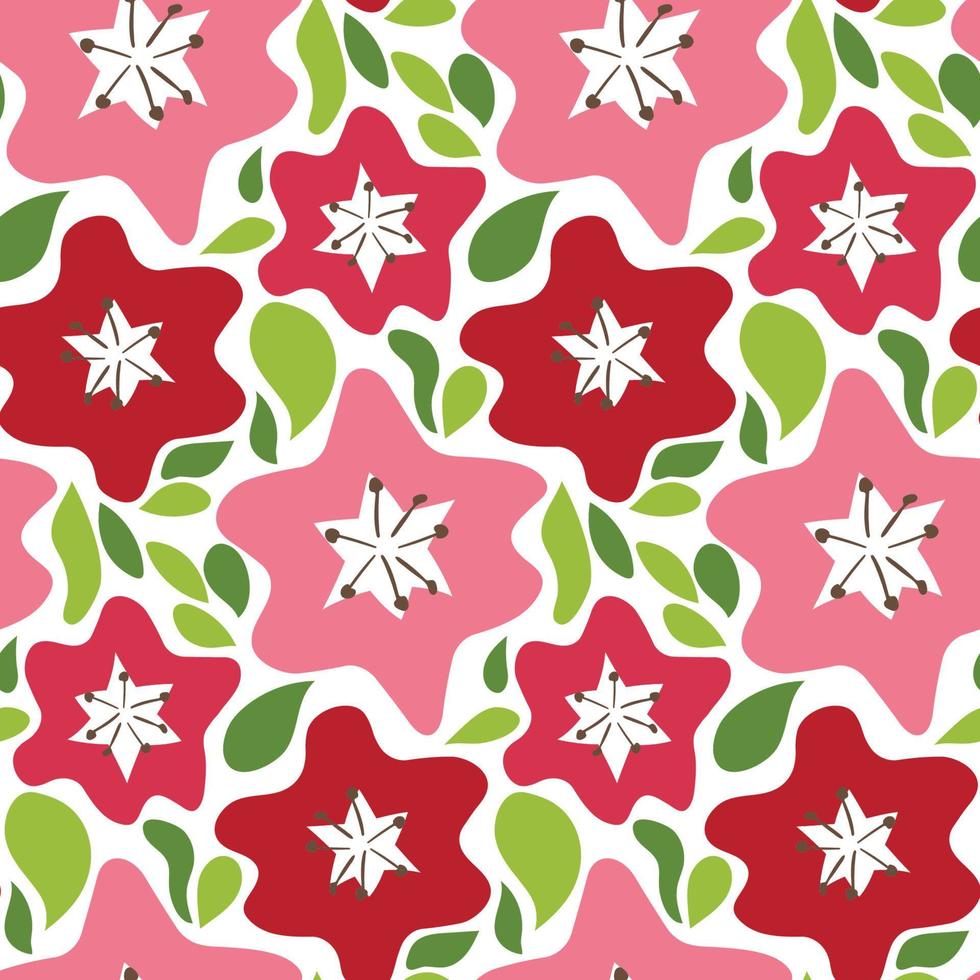 Seamless botanical pattern with hand drawn pink flowers and leaves. Abstract floral texture. Wrapping paper. vector