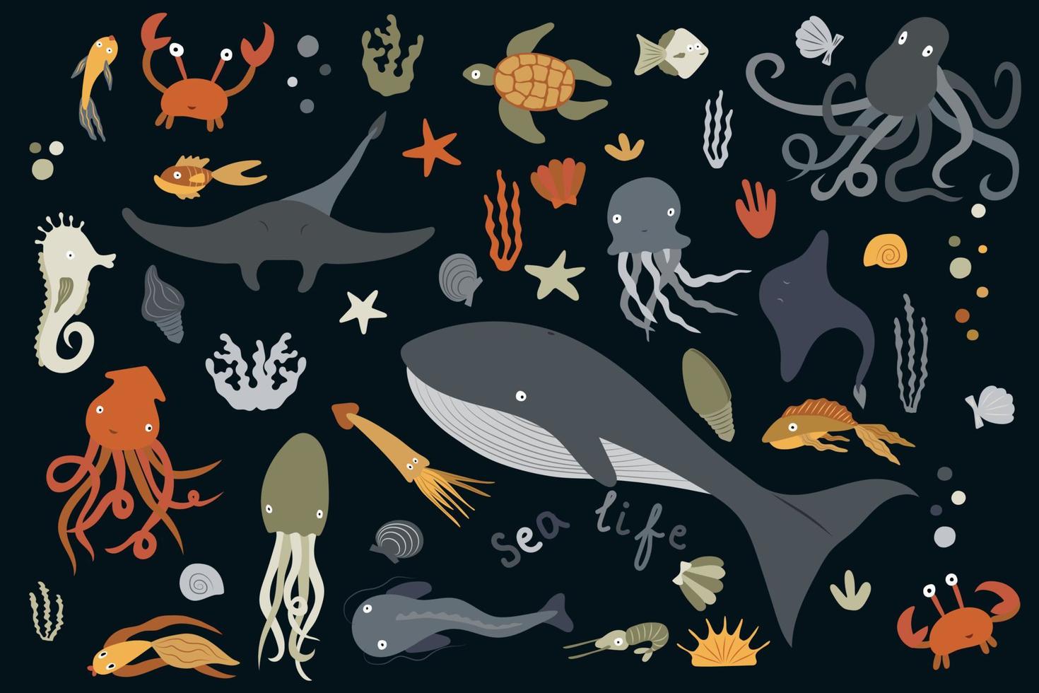 Set of marine animals and aquatic plants. Cartoon sea life vector illustration isolated on black background