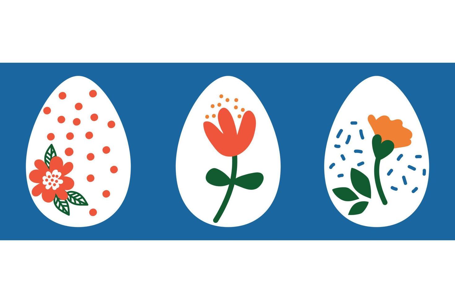 white painted Easter eggs on a blue background. Drawings of flowers on eggs vector
