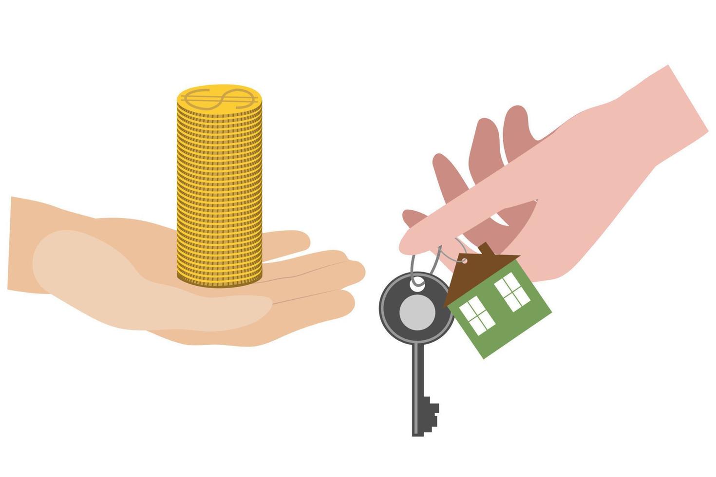 Hands holding house keys and dollar money coins. Clip art illustrating the purchase of real estate. Investments, mortgage vector