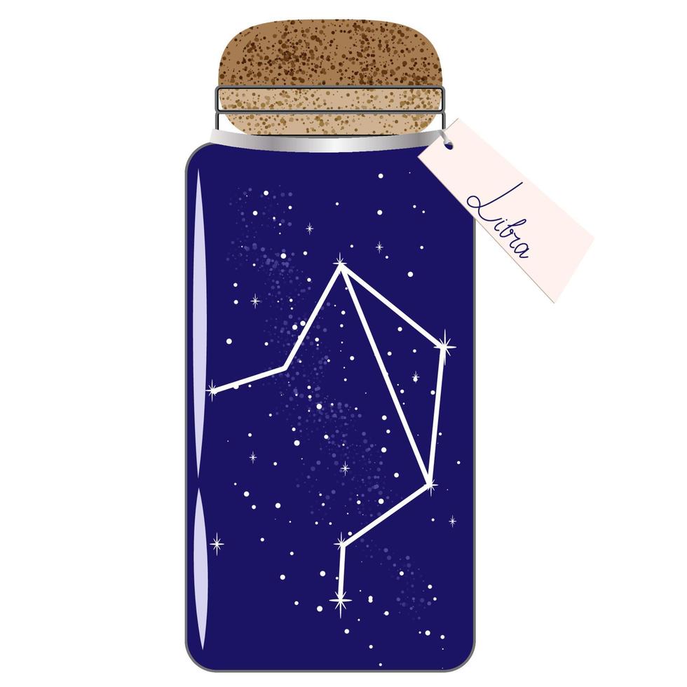 Glass jar with zodiac constellations. Libra on the night sky. Collect moments. Jar with tag for horoscope vector