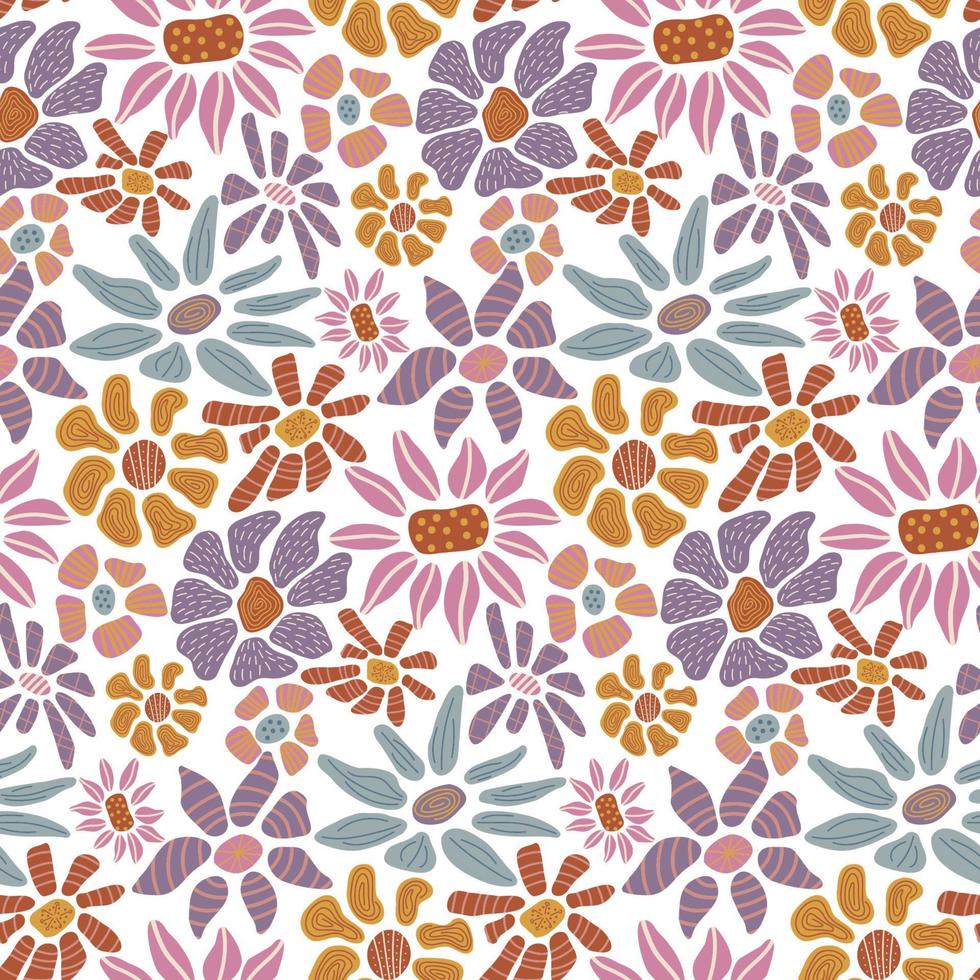 Retro hand drawn flower seamless pattern. 60s -70s style . Amazing groovy flower background. Template for fashion prints vector