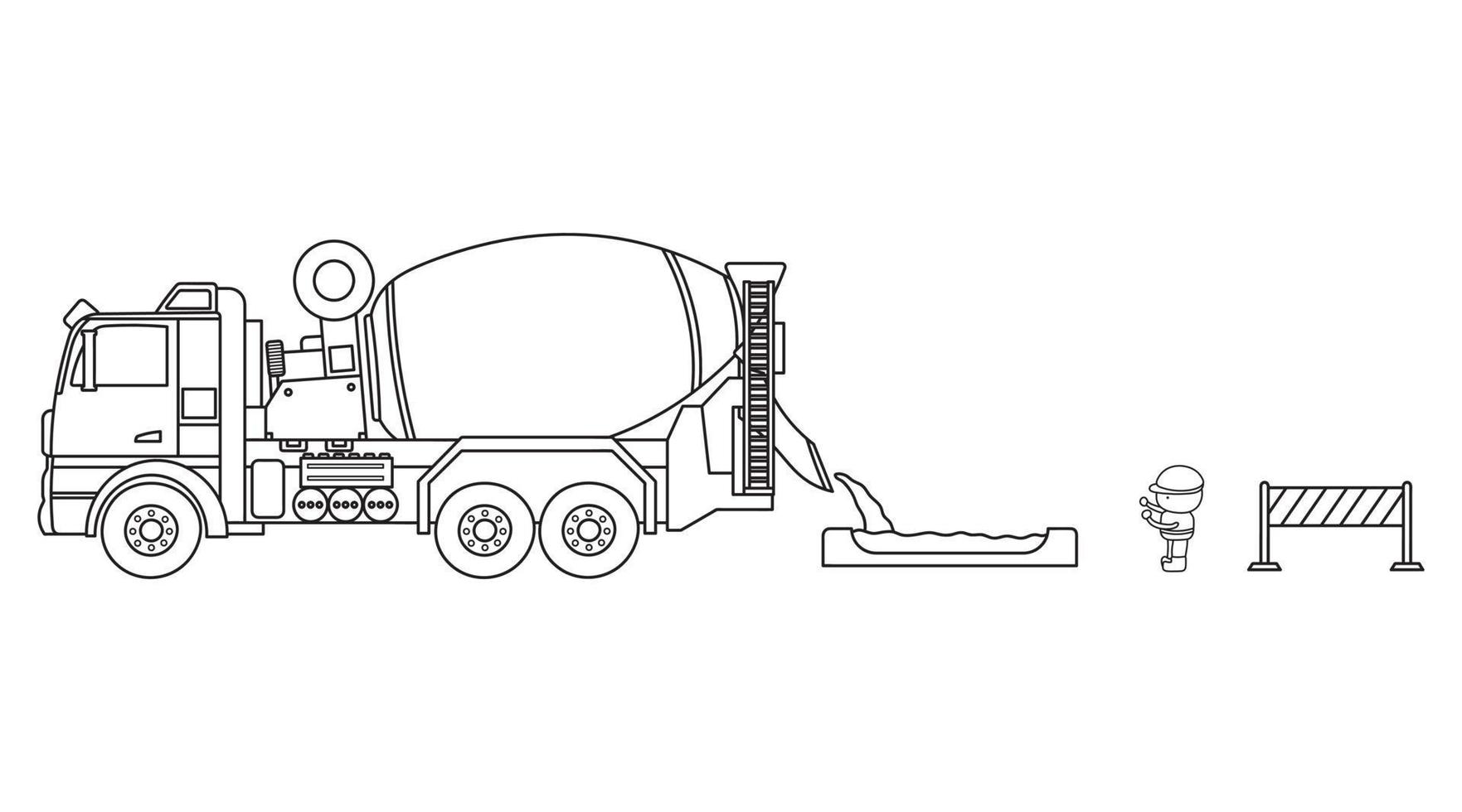 Hand drawn Vector illustration color children construction vehicle cement mixer truck and construction worker clipart
