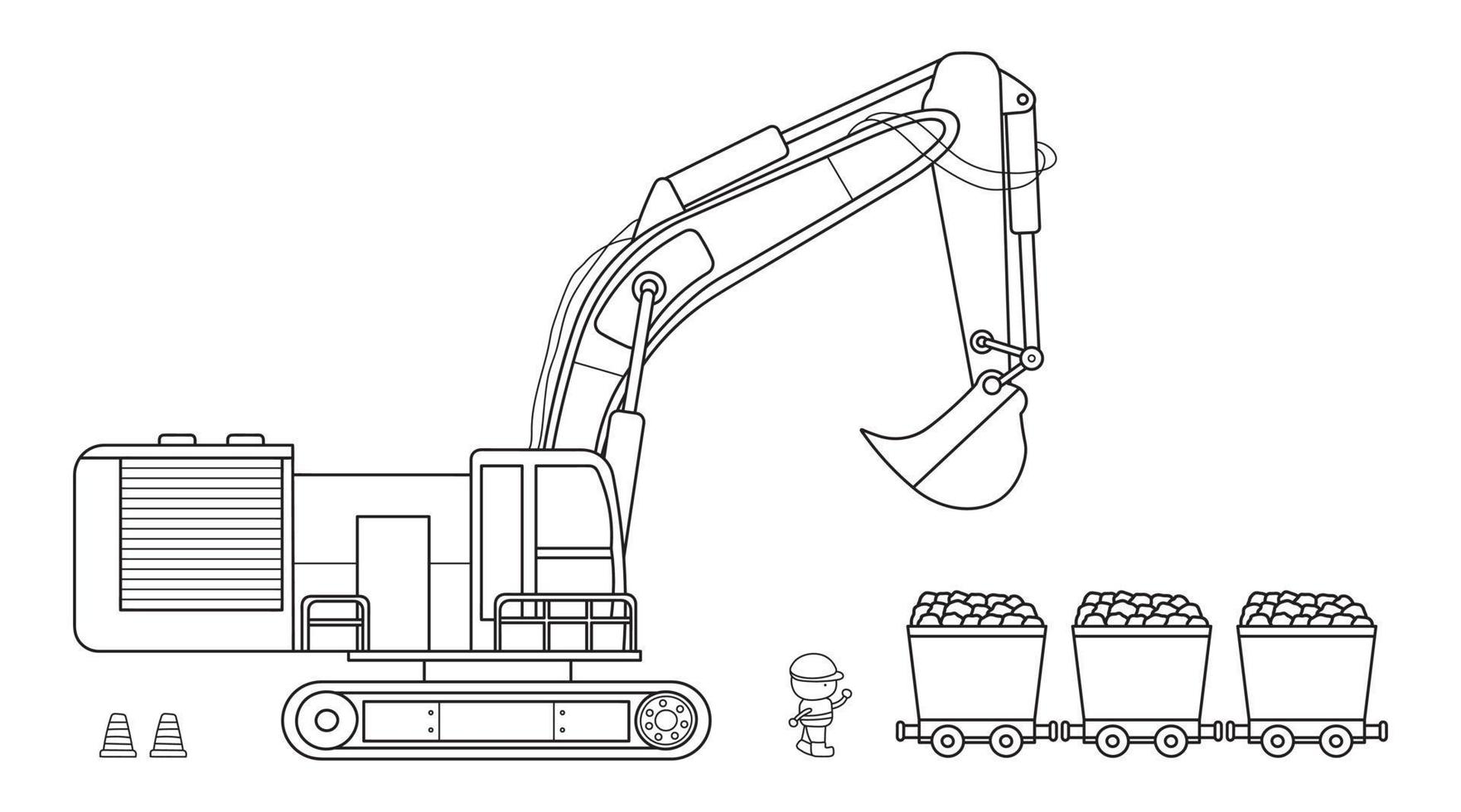 mano dibujado vector ilustración color niños construcción medio Talla excavador con minería carros y construcción trabajador clipart