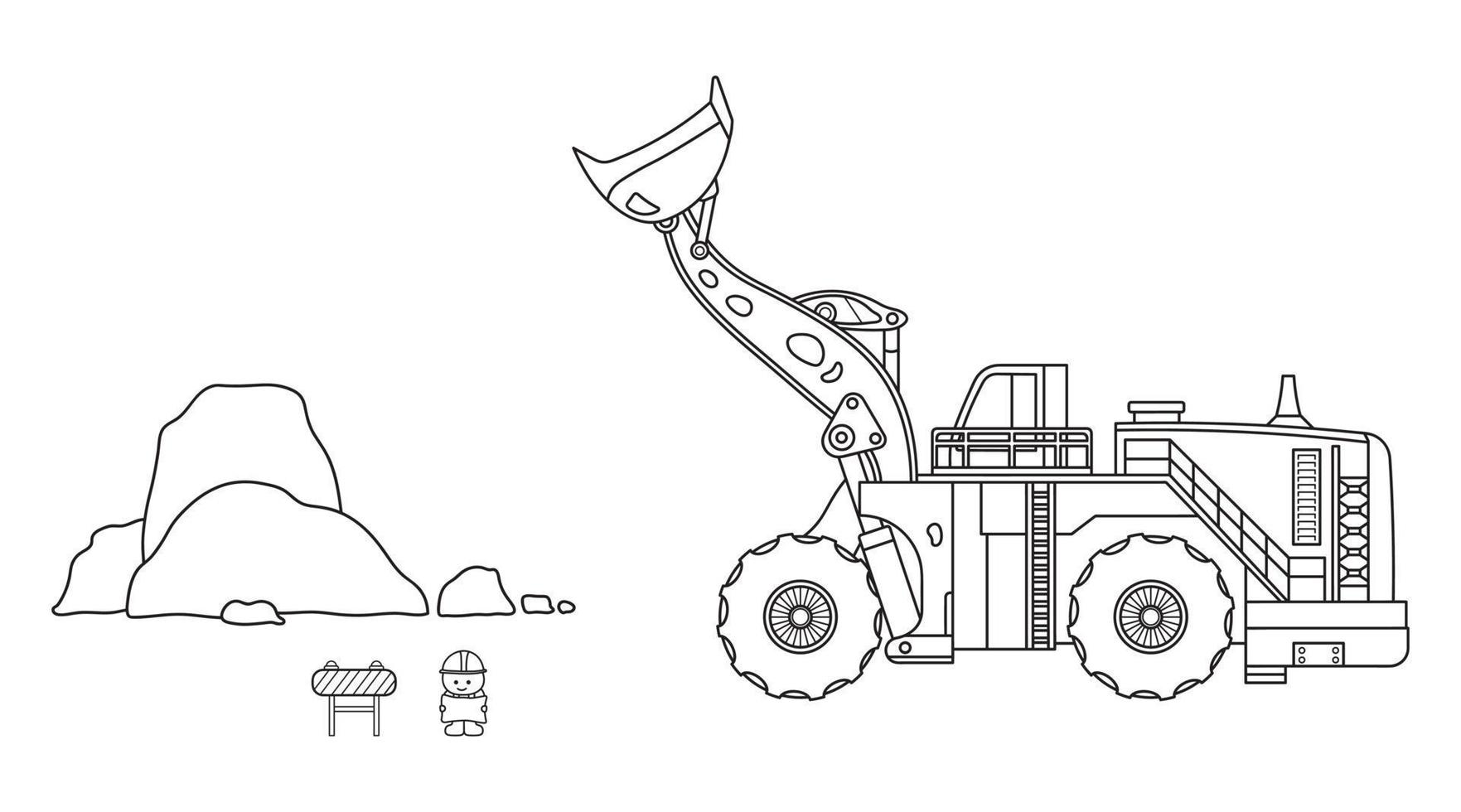 Hand drawn Vector illustration color children construction large wheel loader with big rocks and construction worker clipart