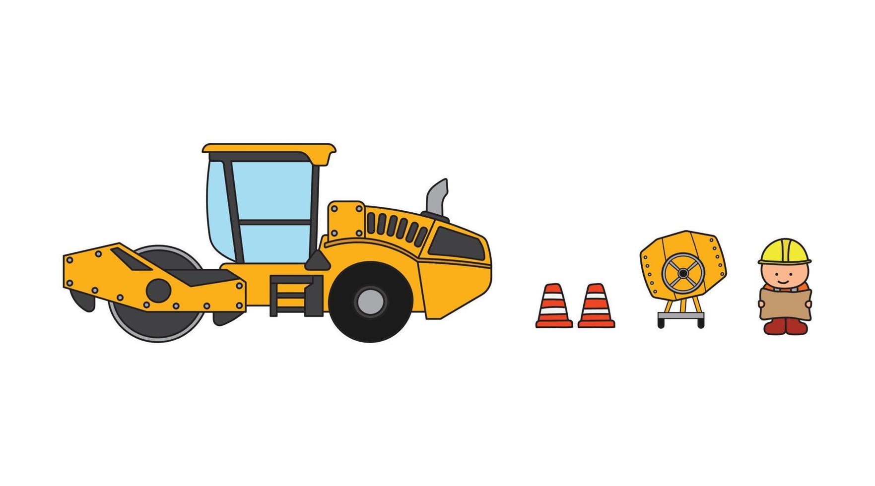 Vector illustration color children construction worker with road roller and cement mixer clipart