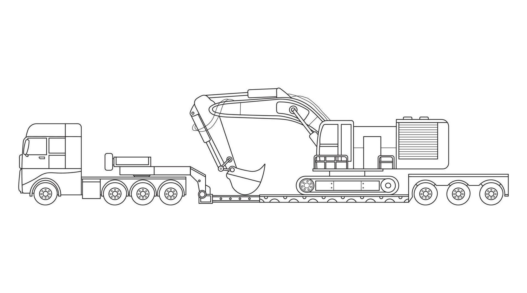 Hand drawn Vector illustration color children construction excavator transport low bed trailer truck clipart