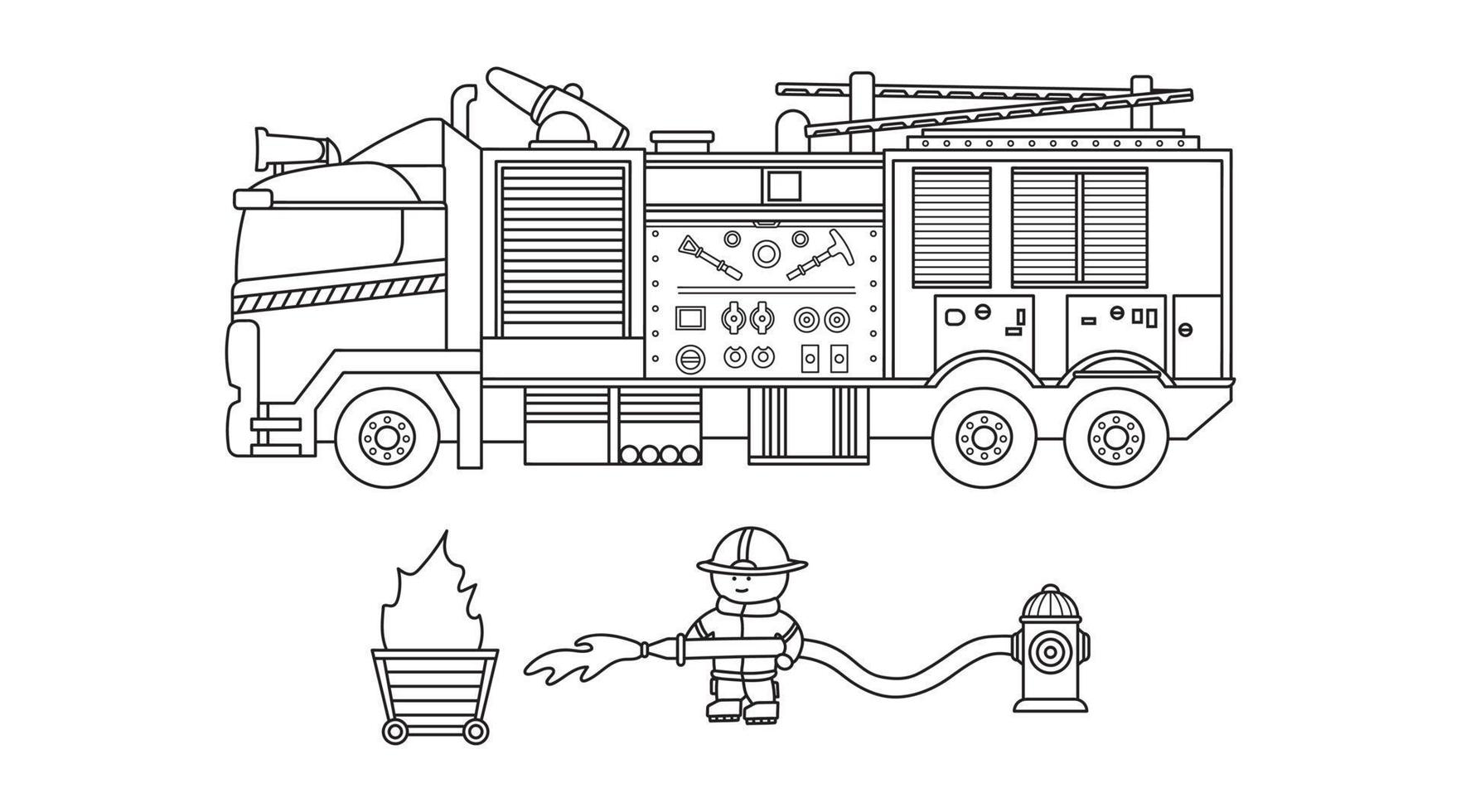 Hand drawn Vector illustration color children fire engine with firefighter clipart