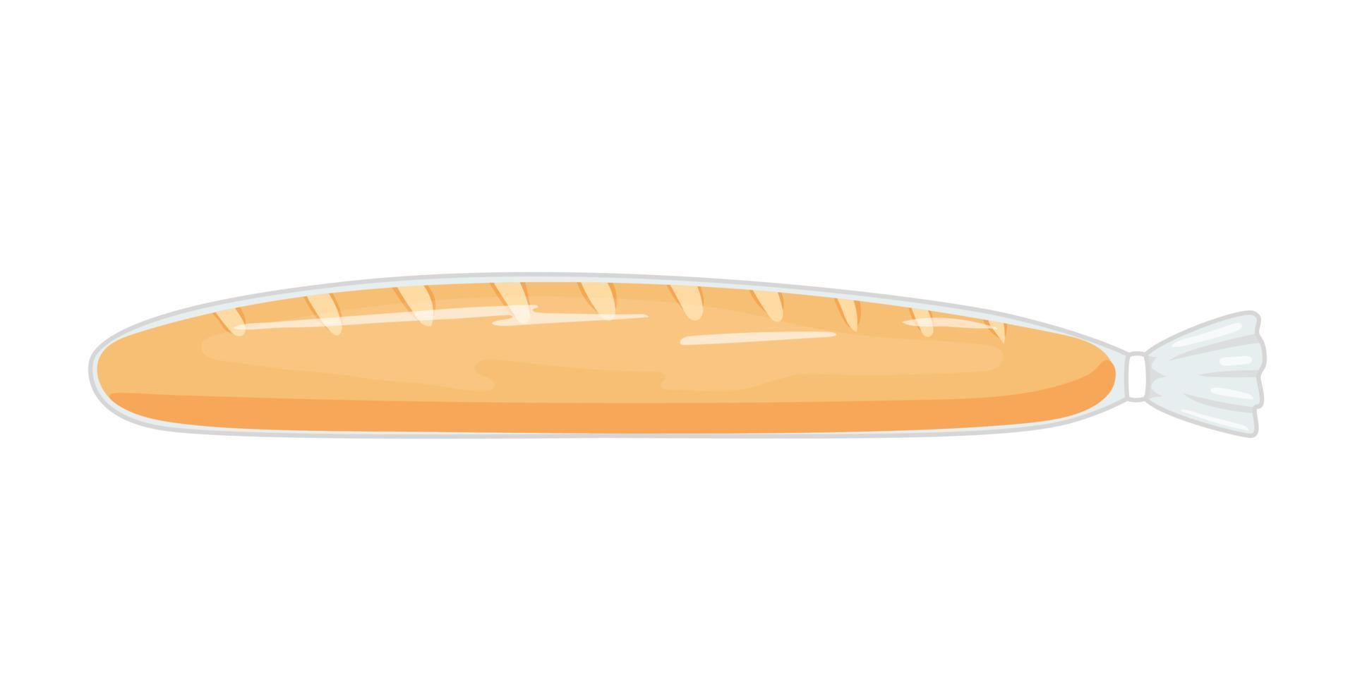 French baguette bread in plastic transparent packaging. Pastry bread from wheat in pack bag with clip, bakery food. Long loaf. Vector illustration