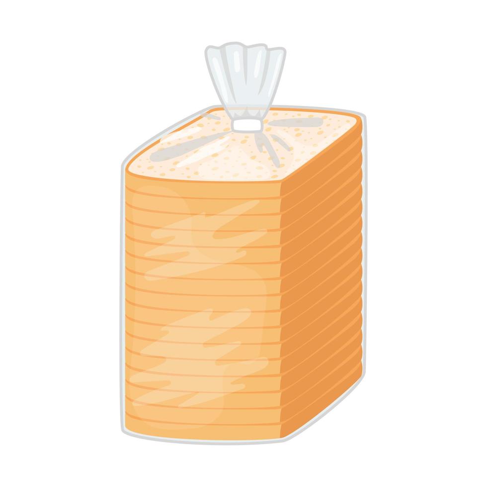 Pastry toast bread in plastic transparent packaging. Pastry bread from wheat in pack bag with clip, piece bakery food. Square loaf with cut slice in wrap. Vector illustration