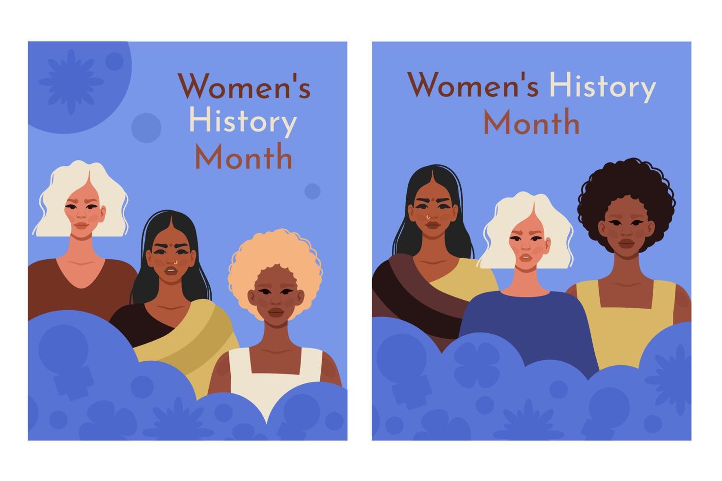 conjunto de De las mujeres historia mes tarjetas joven De las mujeres de diferente nacionalidades feminismo, mujer empoderamiento, diversidad, género igualdad concepto. vector ilustración para bandera, social medios de comunicación correo, póster