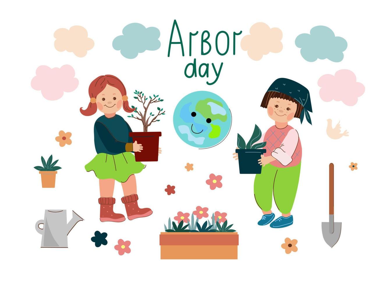 Arbor day. Children standing under a blooming tree preparing to plant saplings .Vector doodle cartoon illustration. vector