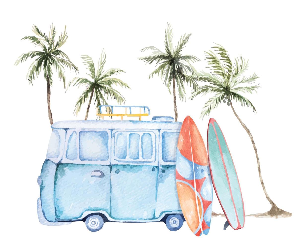 Travel van at the beach, surf board and palm tree with watercolor.Trendy summer.Hawaiian aloha van vector