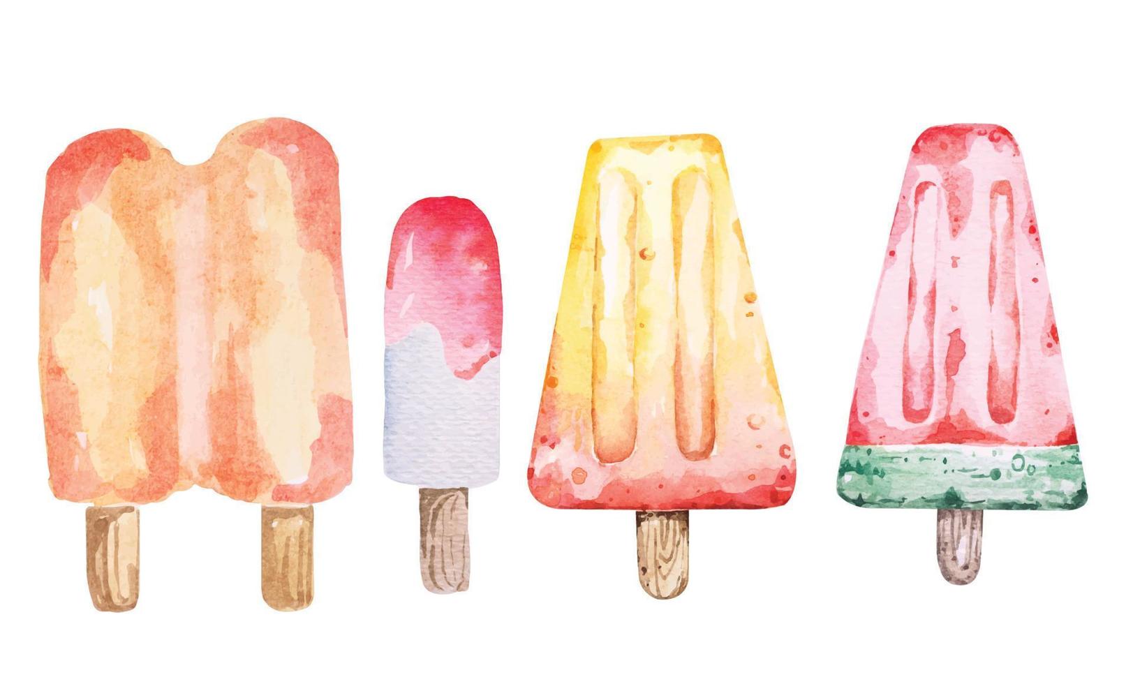 Ice creams paint with watercolor.Hand drawn watercolor fruit ice cream.Dessert for the summer. vector