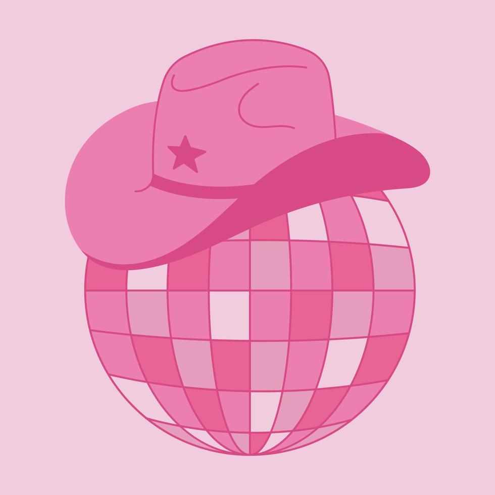 Vector pink disco ball with cowboy hat. Cowgirl illustration, disco retro party